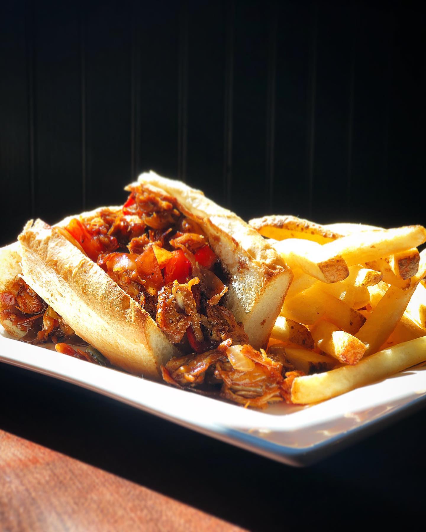 | Shoppers Pub and Eatery Chicken + Peppers + Onions + Mushrooms + Cheese + A splash of Teriyaki = The best Chicken Bomb you’ll ever eat. Don’t believe us? Come put it to the test. .
.
.
.
.
.
.