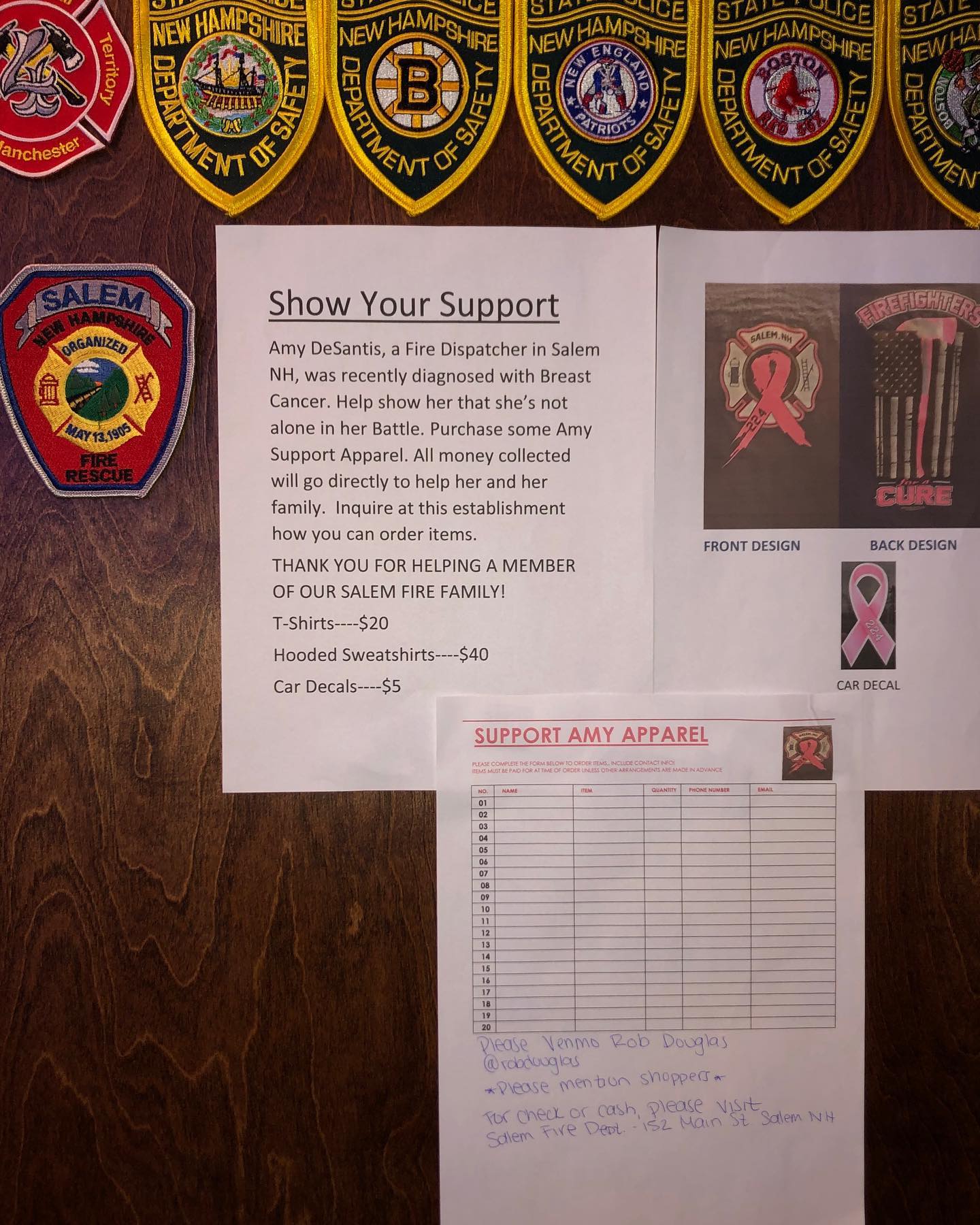 Amy DeSantis a fire dispatcher in Salem NH was recently diagnosed with breast cancer To do our part we are joining up with our friends at the Salem fire department selling shirts with the logos seen on this post Come down to get some more info on how to support ALL money collected will go directly to Amy and her family Amy we may not have met but were here to tell you youre not fighting alone