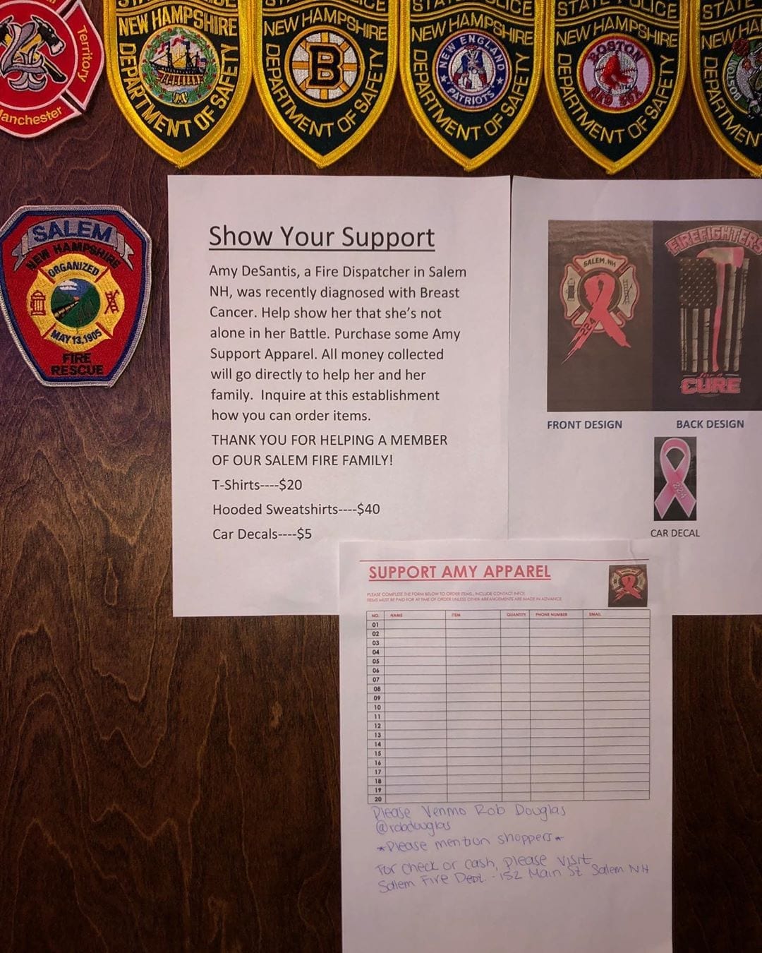 Amy DeSantis a fire dispatcher in Salem NH was recently diagnosed with breast cancer To do our part we are joining up with our friends at the Salem fire department selling shirts with the logos seen on this post Come down to get some more info on how to support ALL money collected will go directly to Amy and her family Amy we may not have met but were here to tell you youre not fighting alone