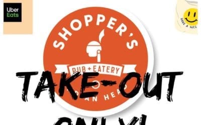 Starting tomorrow – March 17, 2020 – Shopper’s FULL MENU is available for take-out and @ubereats – we appreciate everyone’s support and are looking forward to April 6th! #supportlocalbusiness #takecareofeachother