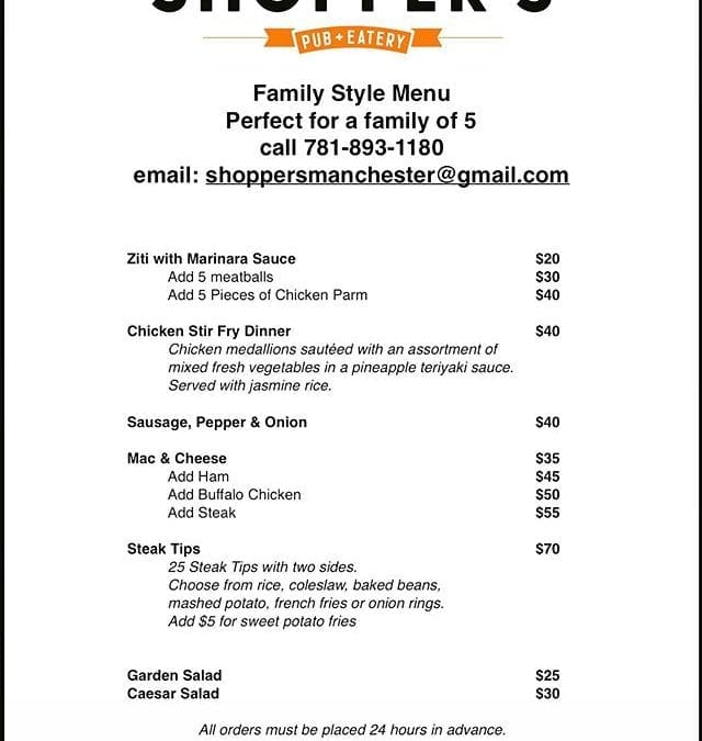 Get your orders in for tomorrow! Taking orders until 3pm today. Call 781-893-1180, let them know you’re calling for the N.H. location. Or shoot us an email, shoppersmanchester@gmail.com All pick ups will be from 3pm-5pm. #trythechickenparm #supportlocalbusiness #shoppersmht #familystyle