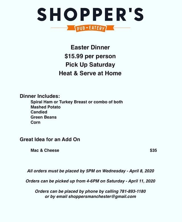 920953381203332396089482730406170296357910n | Shoppers Pub and Eatery Easter is next weekend.Let us help with Easter Dinner.Offering a complete dinner for $15.99 per person. Meals will be available for pick up Saturday. Heat & Serve at home.All orders must be placed by 5PM on Wednesday - April 8th