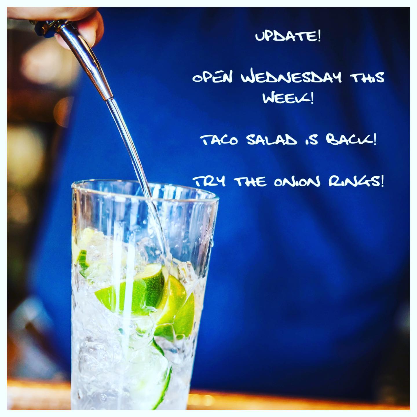 The menu keeps growing! We’re bringing back the Taco Salad and adding housemade onion rings TOMORROW 7/1.We will be open Wednesday, Thursday & Friday this week. We will be closed Saturday and Sunday for the Holiday Weekend.Come see us on your way North for the weekend! Open 3pm-8pm for dinner & drinks!Wednesdays will be a permanent day going forward!