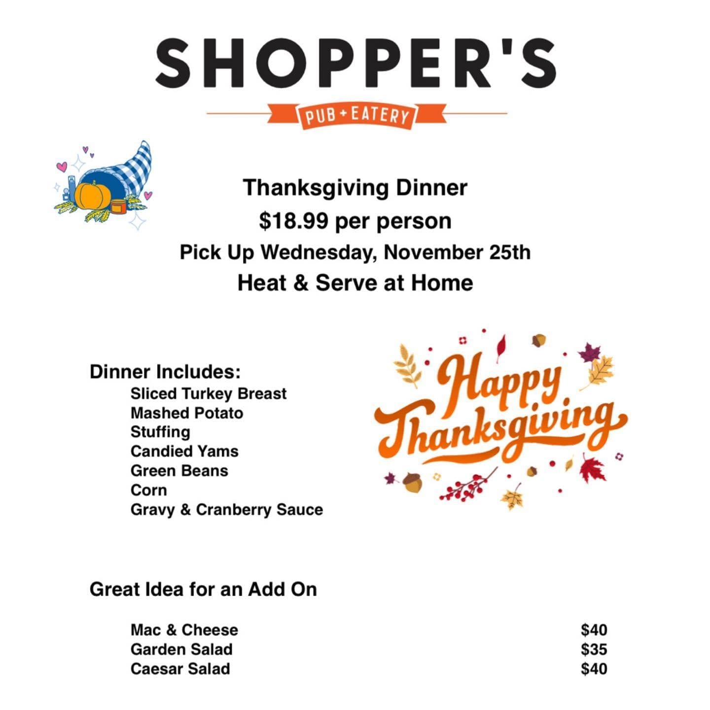 12701150611176269019862806234643952185397087n | Shoppers Pub and Eatery Get those orders in! Deadline is TONIGHT at 8PMLet us do all the work, you just heat and serve!