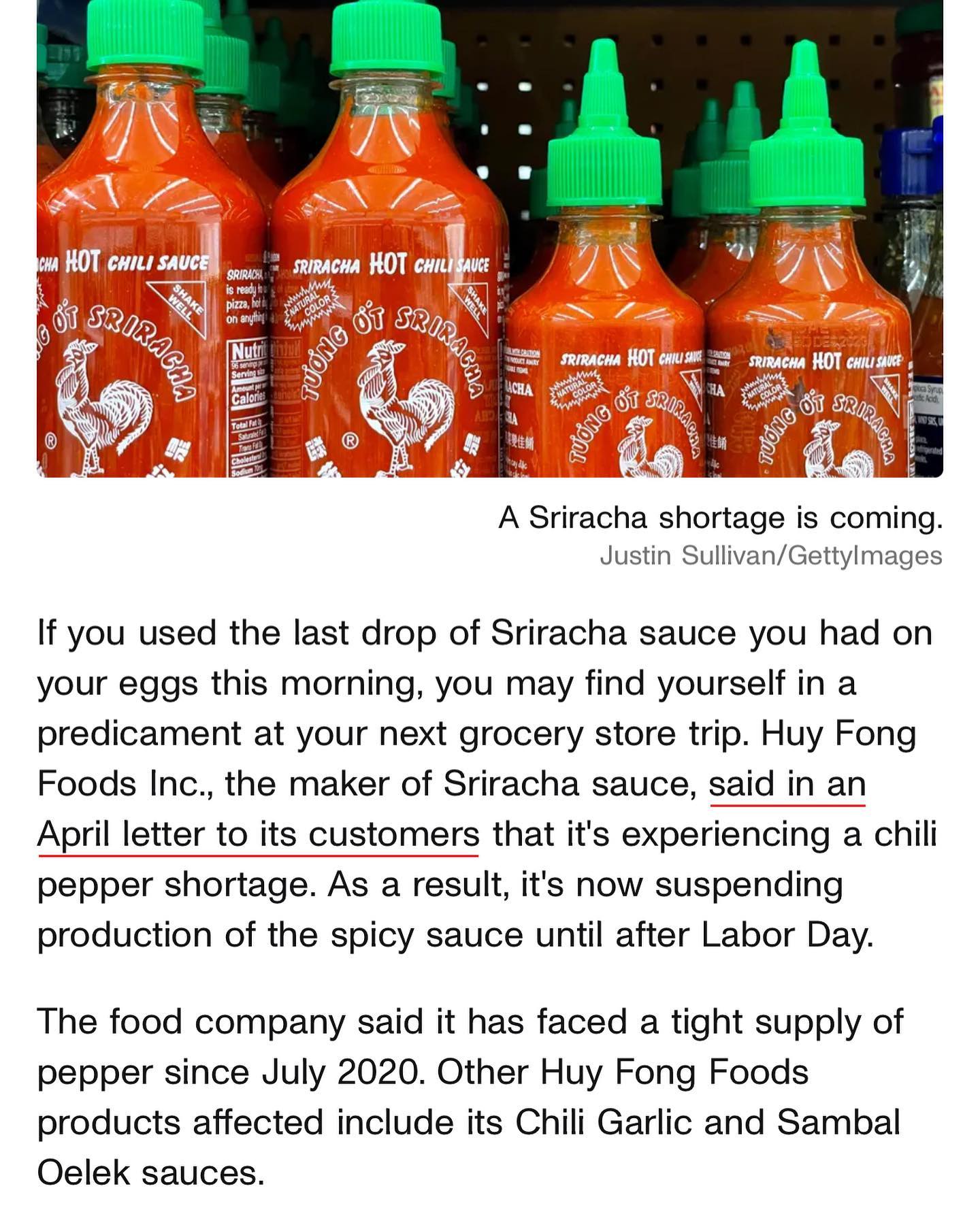 Welcome to the wonderful world of what its like trying to be in the restaurant industry In the past two years weve changed our menu 5 separate times all based on the lack of supply and cost of goods So next time you go into a restaurant and theyre out of your favorite steak before you start having a hissy fit just remember we cant even get Sriracha sauce