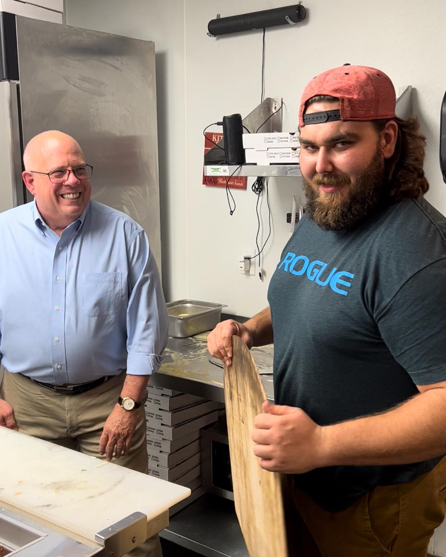 The face you make when @larryhogan (Governor of Maryland) wants to learn how to make the best pizza in NH. Swipe right to see more. Now just waiting on @chrissununu to come throw a pie.