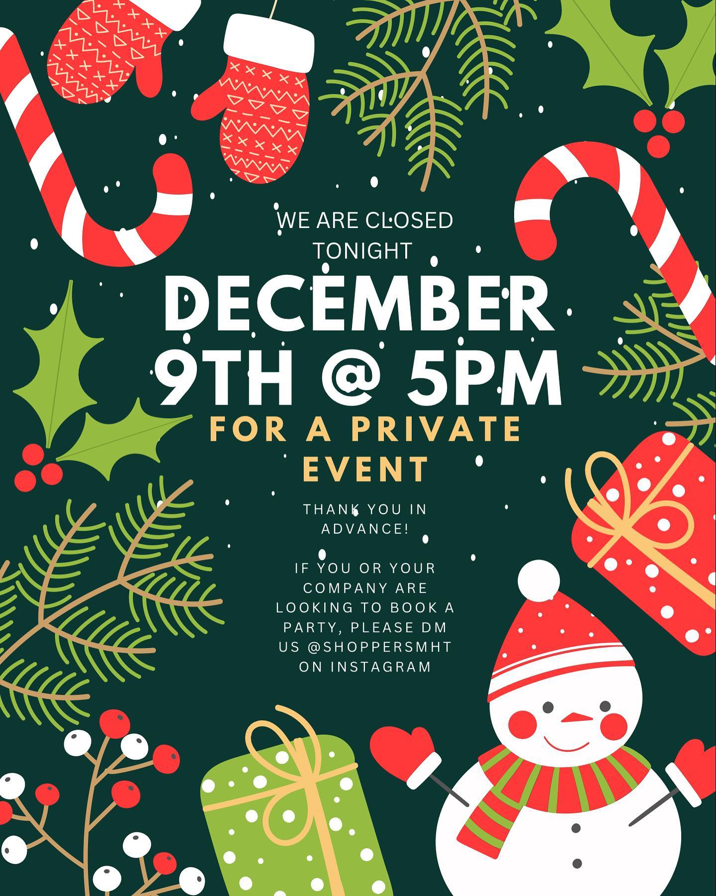 We are closed tonight for a private event. Thank you in advance.